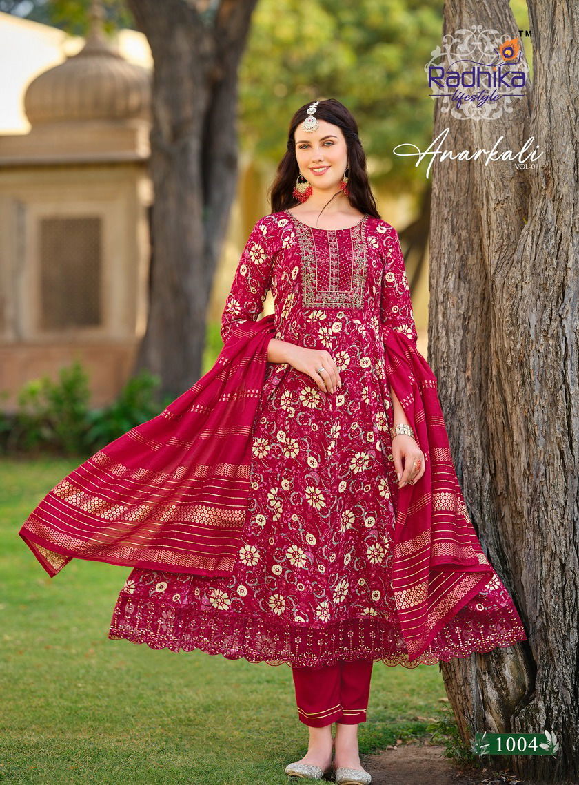 Anarkali Vol 1 By Radhika Heavy Rayon Printed Embroidery Kurti With Bottom Dupatta Wholesale Price In Surat
